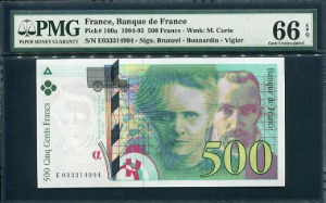 프랑스 1994년 500프랑 033314994 PMG66등급 완전미사용