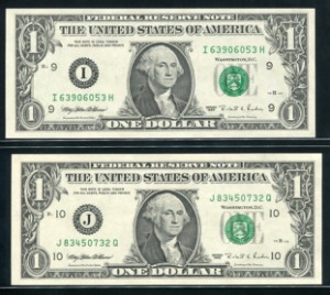 미국 1995년 1달러지폐 2매 완전미사용